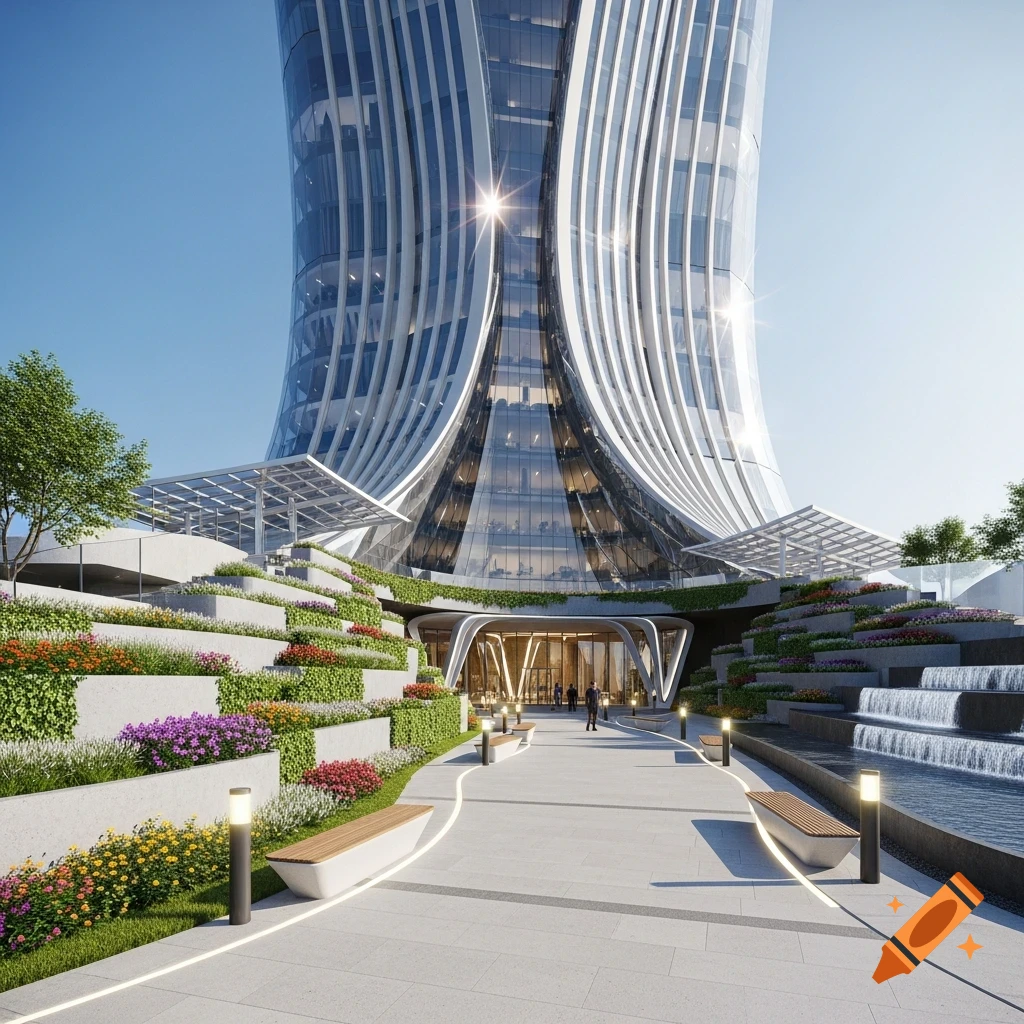 A striking, curvaceous modern skyscraper surrounded by tiered gardens, waterfalls, and a paved pathway under a clear blue sky.