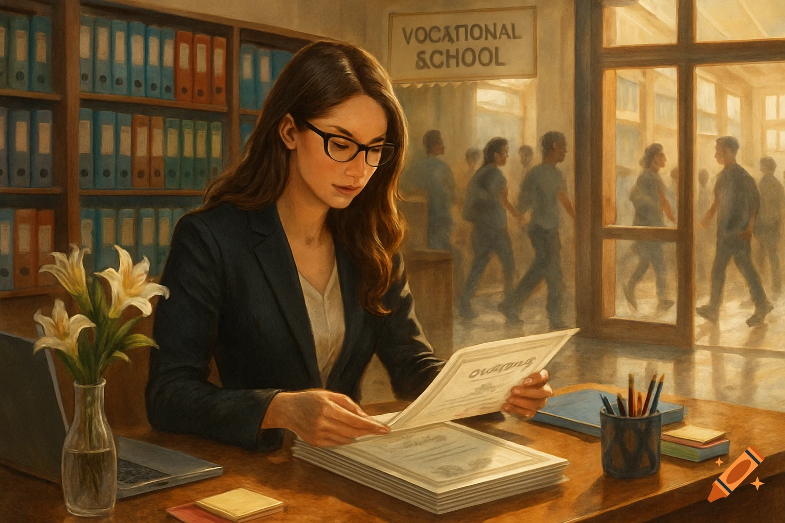 A woman with long brown hair and black glasses sits at a desk, examining certificates in a vocational school office, with students in the background. Painted style.