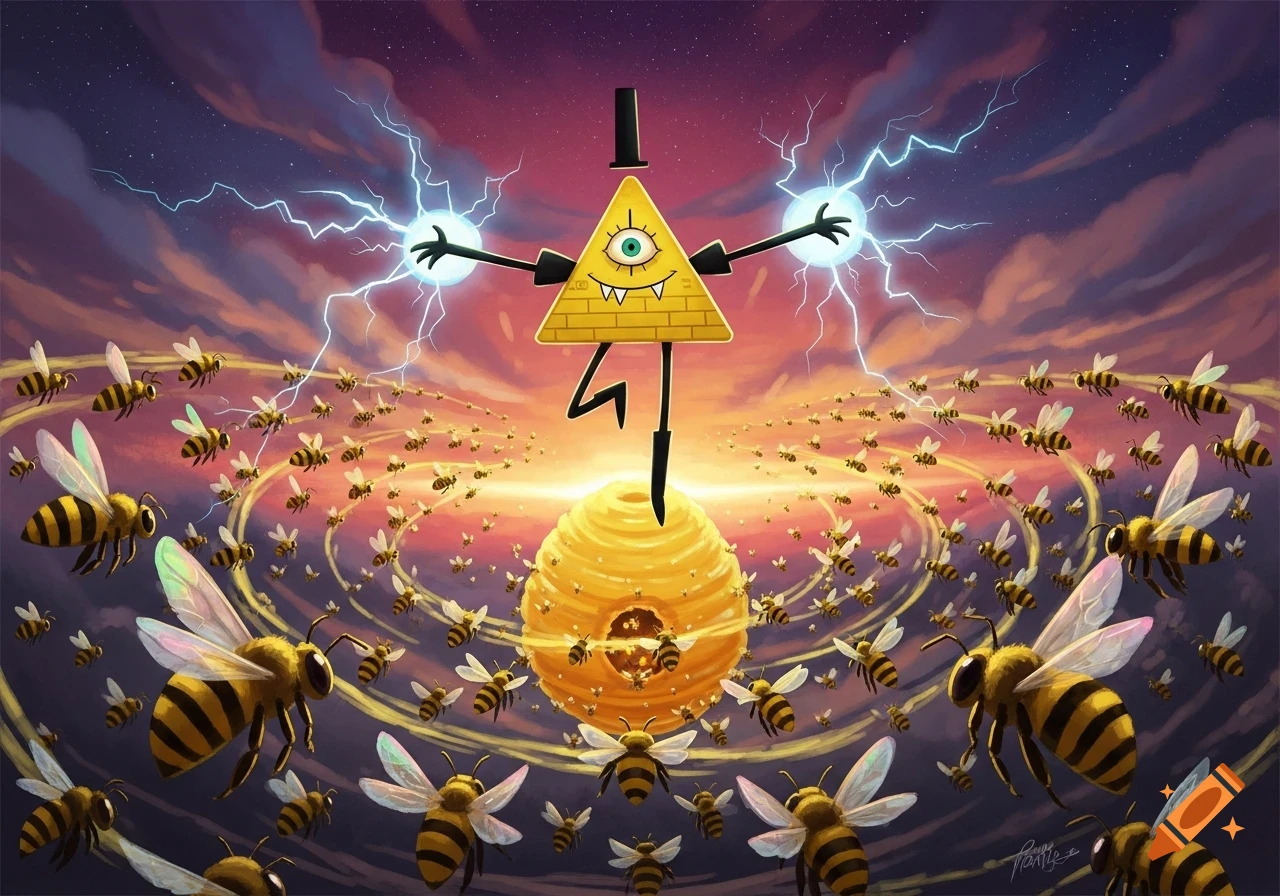 Cartoon illustration of Bill Cipher, a yellow triangle with one eye and a top hat, standing on a beehive, conjuring lightning amidst a swarm of bees against a dramatic sky.