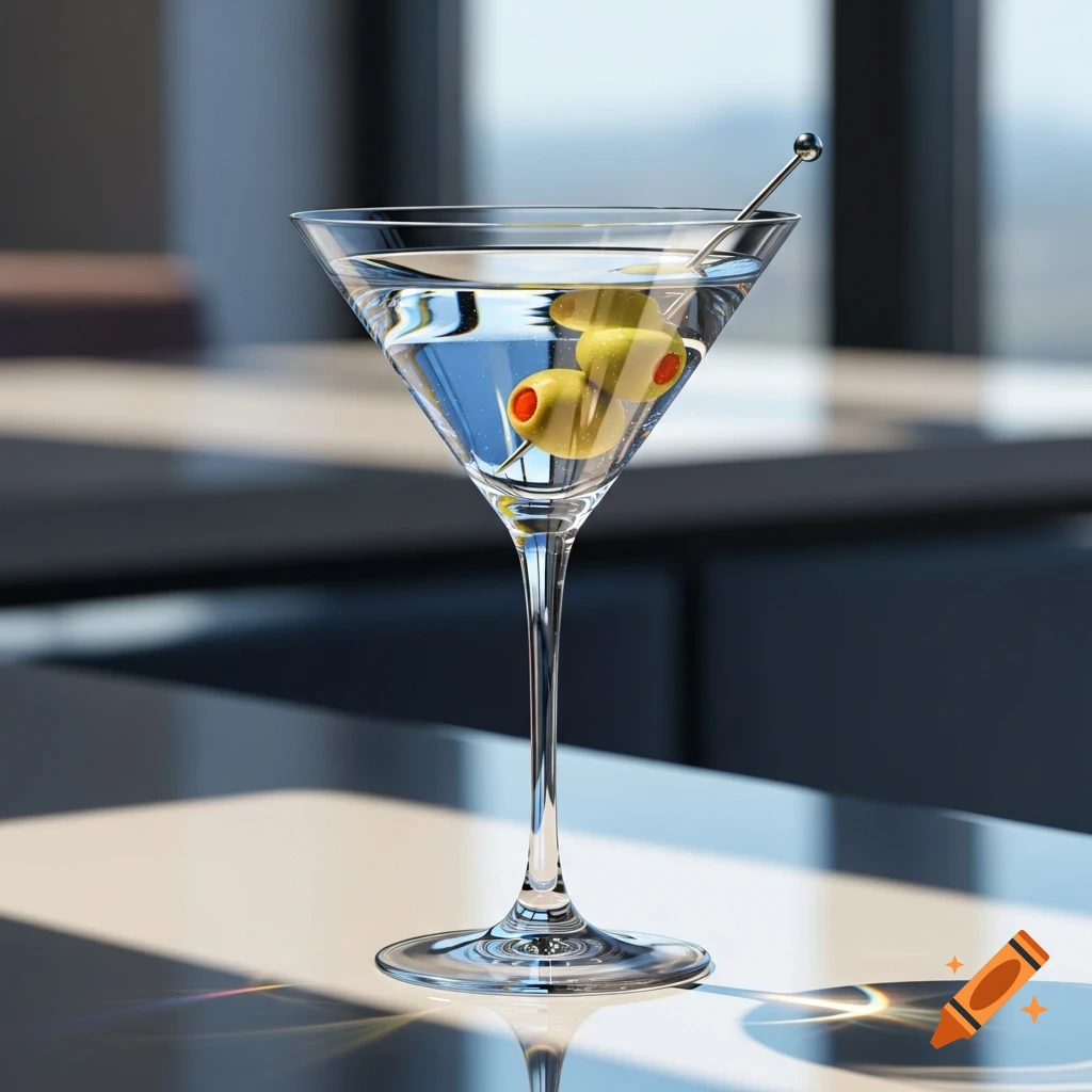 A photorealistic martini with two green olives on a pick, sitting on a reflective surface with a blurred background.