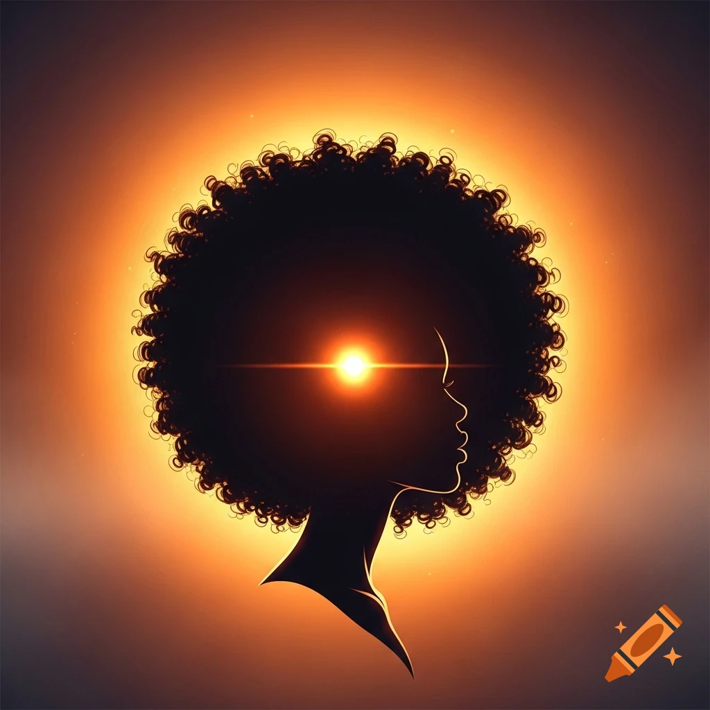 Silhouette of a person with a large afro, illuminated from behind by a bright orange sun-like glow centered near the head.