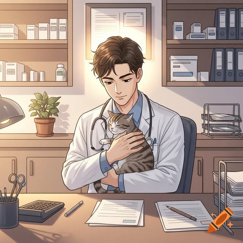Anime-style illustration of a young male veterinarian in a white coat holding a tabby cat at his office desk.