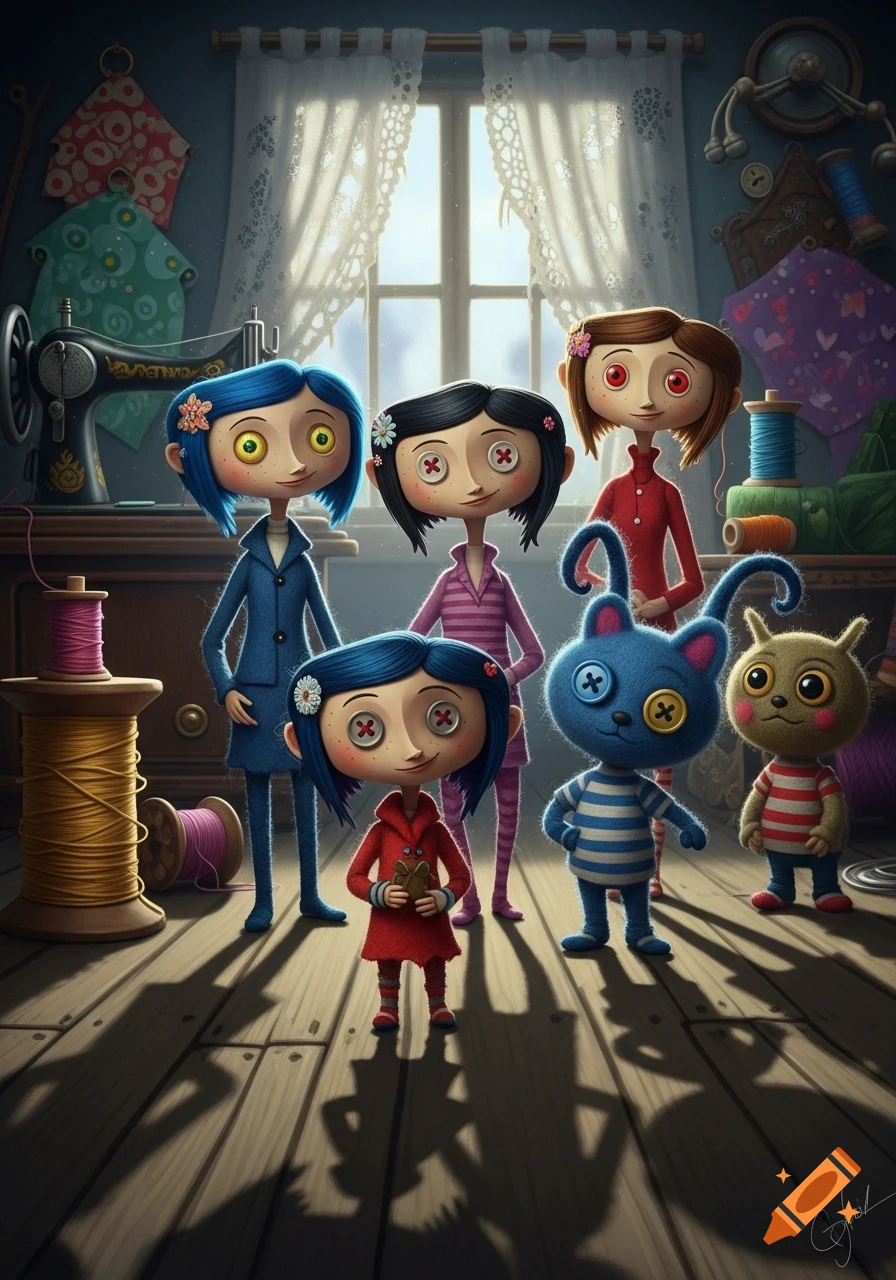 A group of Coraline-inspired doll characters, some with button eyes, stand in a rustic sewing room with spools of thread and a sewing machine.