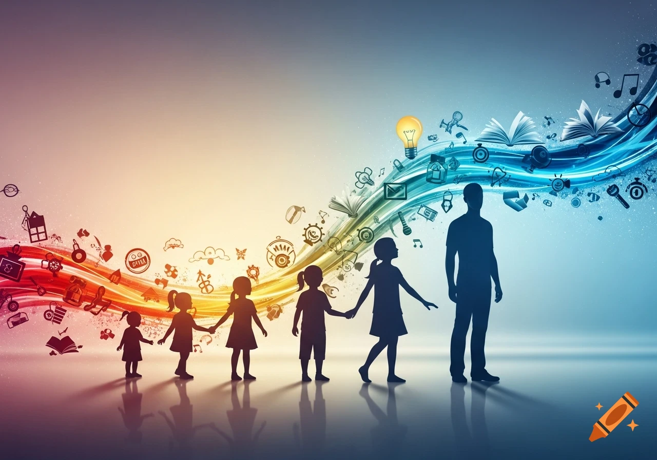 Silhouettes of children and an adult progressing from left to right, with a wave of colorful, abstract educational symbols.