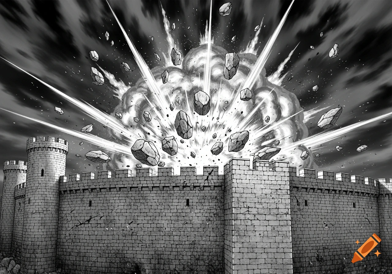 Black-and-white anime illustration of a large explosion erupting from behind a medieval castle wall, sending rocks and debris flying outwards.