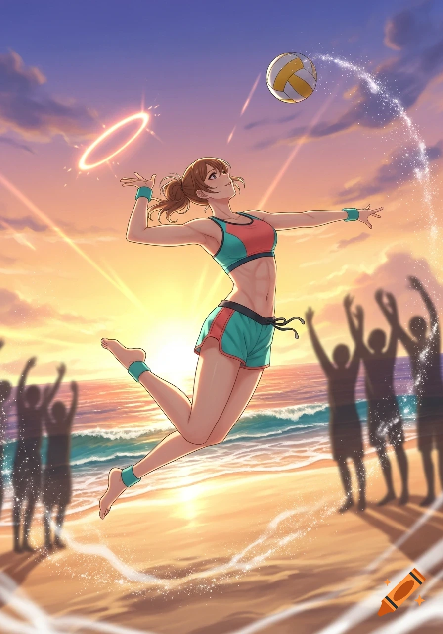 Anime woman in sports gear jumps to hit a volleyball on a sunny beach at sunset.
