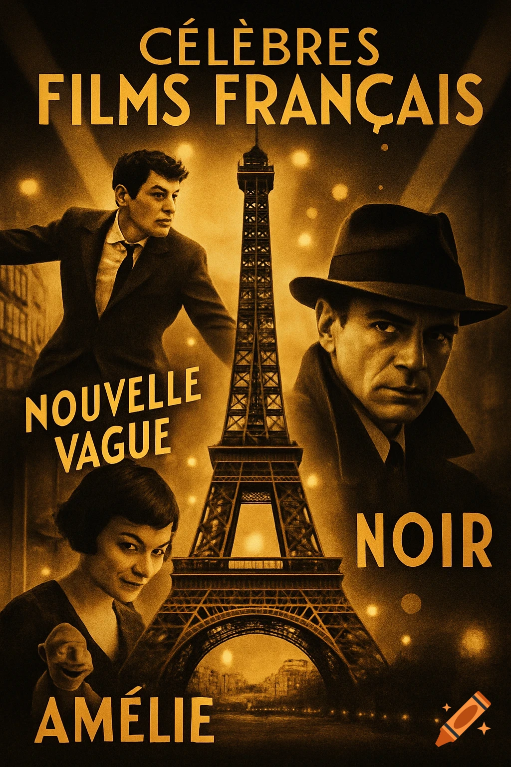 Vintage-style poster celebrating French cinema, featuring the Eiffel Tower, actors representing Nouvelle Vague and Film Noir, and the film Am lie.