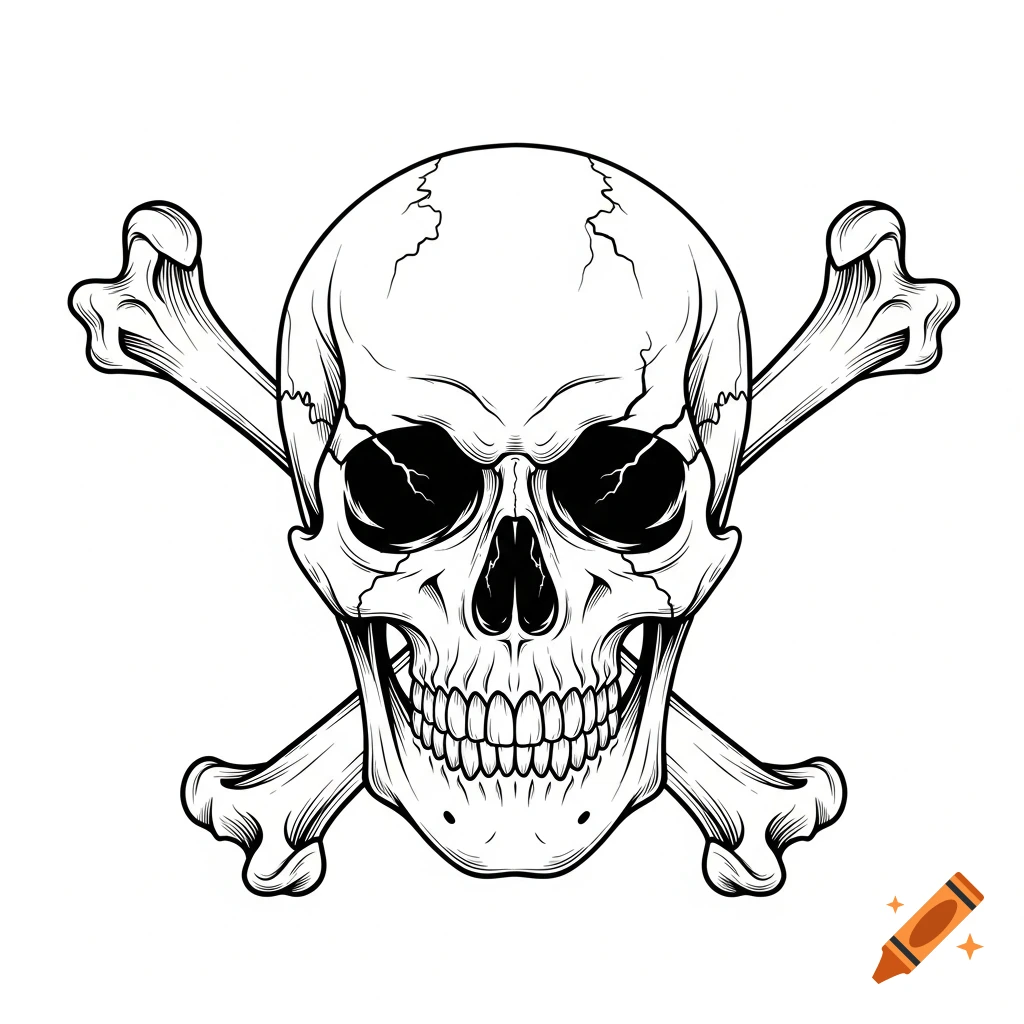 A black and white vector illustration of a stylized human skull with two crossbones behind it, on a pure white background.