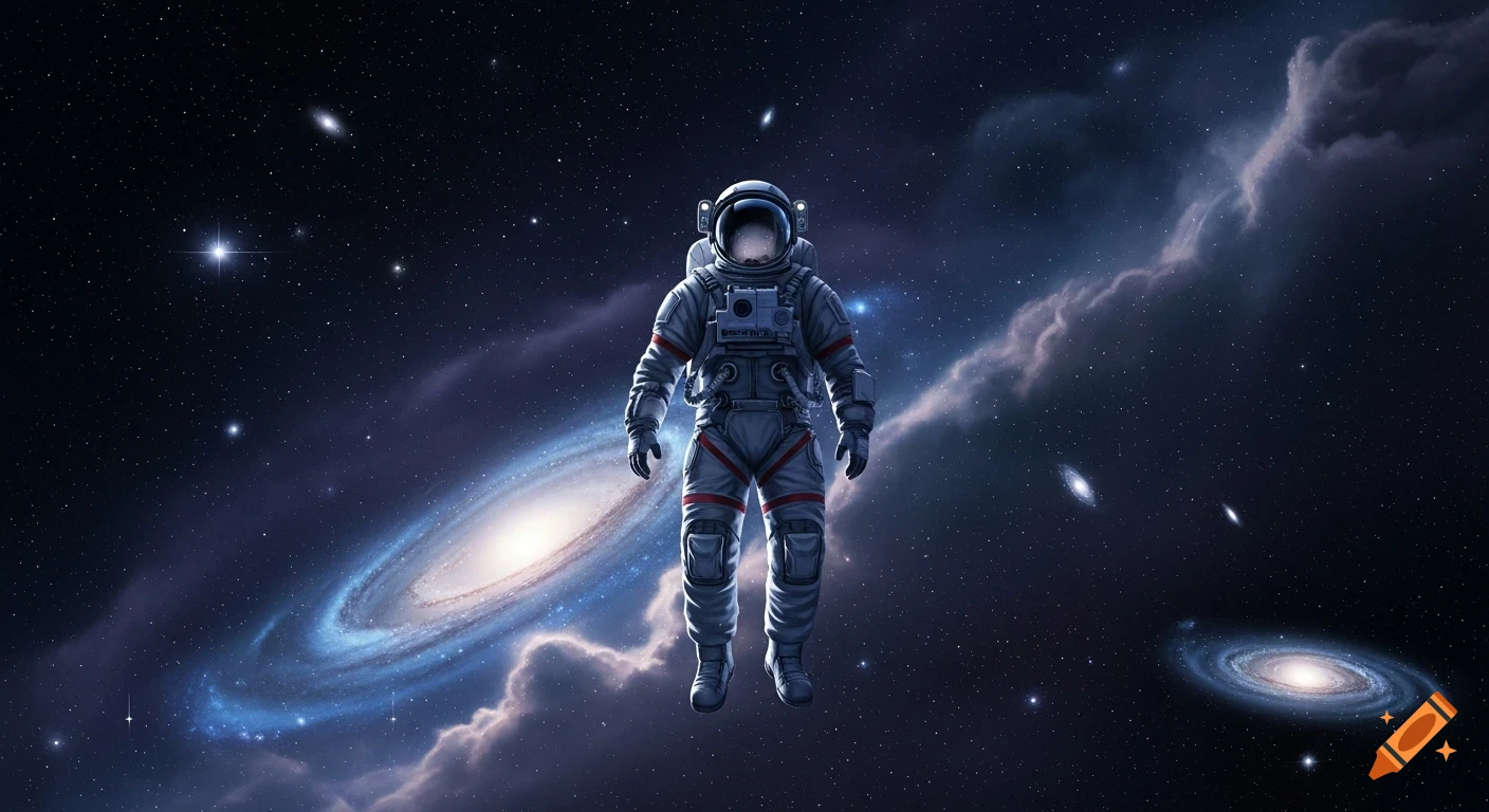 An astronaut in a white suit drifts amidst a cosmic background of swirling blue and white galaxies and countless stars.