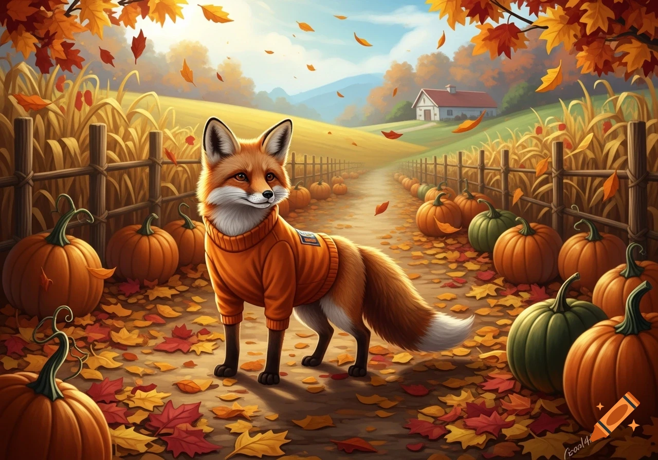 A cute fox wearing an orange sweater stands on a path covered in fall leaves, surrounded by pumpkins and cornfields, with a farmhouse in the distance.