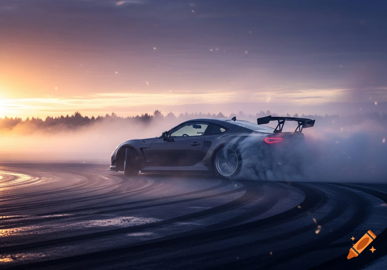 Dark sports car drifts, enveloped in smoke, on a paved surface at sunrise with a foggy forest in the background.