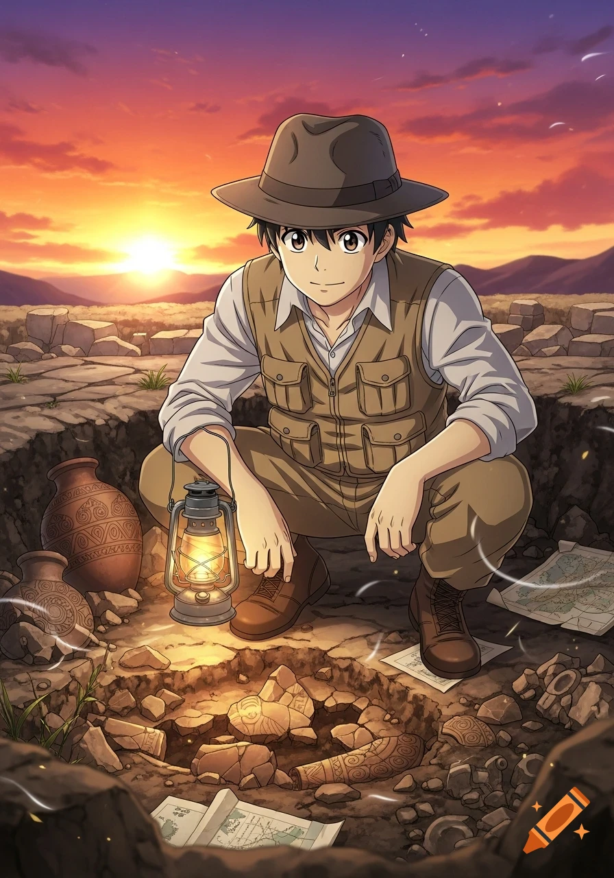 Anime-style archaeologist in a fedora and vest crouches in a trench at sunset, holding a lantern, examining pottery and ancient artifacts.