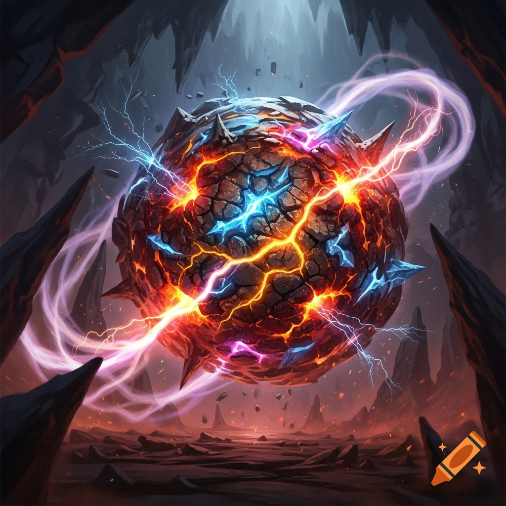 A vibrant elemental sphere crackles with lightning and glowing energy amidst a dark, rocky, volcanic landscape, digital art.