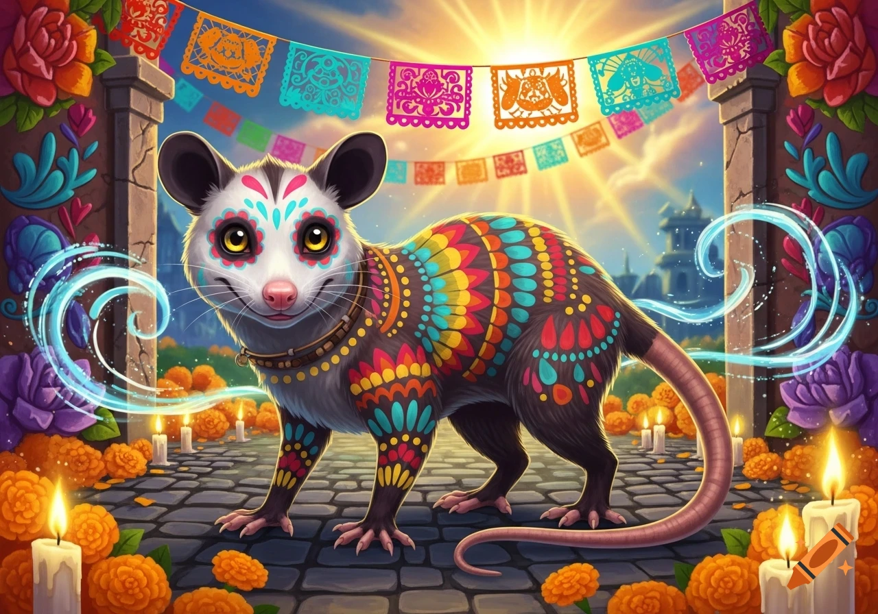 A stylized possum with colorful Day of the Dead face paint and patterns, surrounded by candles, marigolds, and papel picado banners in Mexican folklore art style.