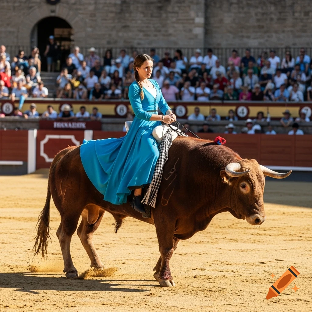 A woman in a blue dress rides a bull in a bullfighting arena, with spectators in the background.
