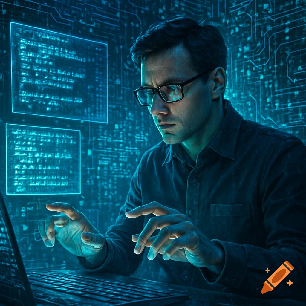 A man in glasses intently types on a laptop, surrounded by glowing blue circuit patterns and holographic code screens in a dark, tech-themed setting.