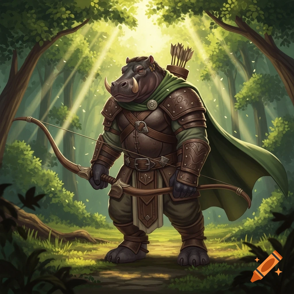 An anthropomorphic Giff Hippofolk Ranger in muted leather armor and a green cloak, holding a longbow in a sun-dappled forest.