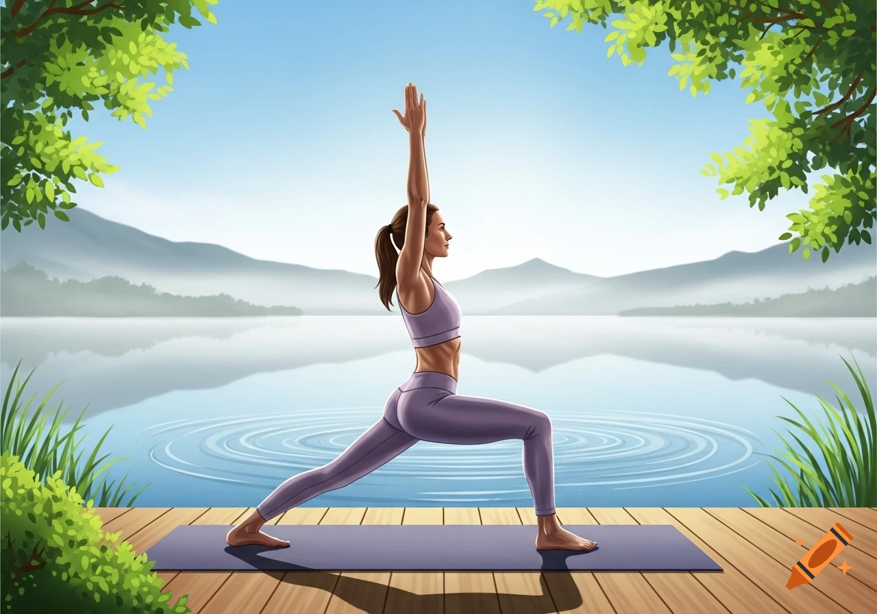Illustrated fit woman doing yoga in a warrior pose on a deck by a calm lake with mountains and trees.