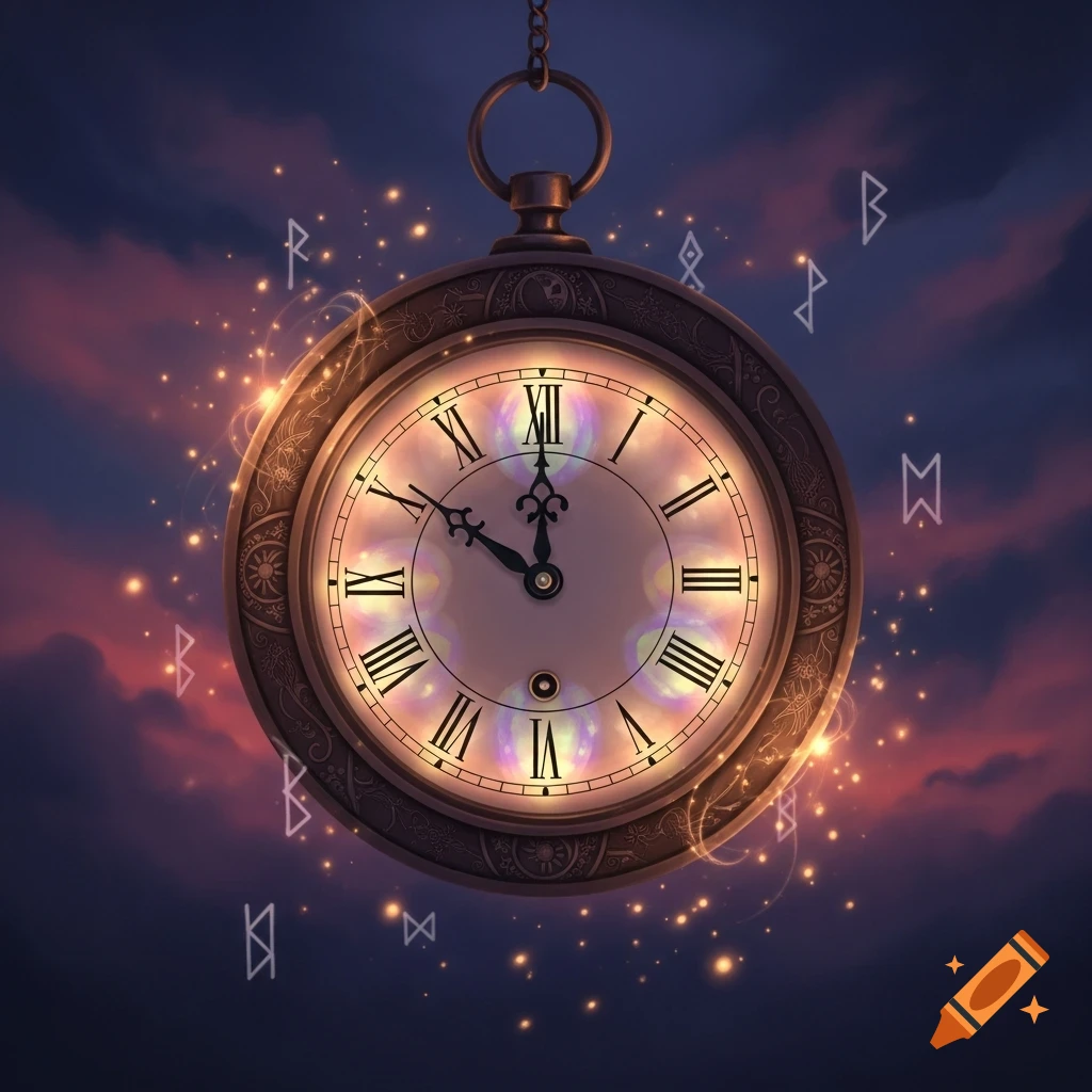 An ornate pocket watch floats against a twilight sky with glowing magical particles and ethereal rune-like symbols. The watch face shows Roman numerals and bright light emanating from its center.