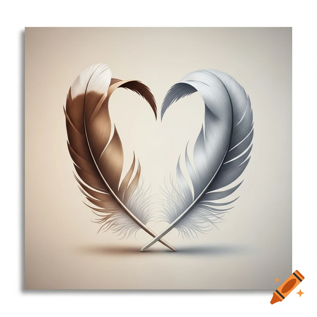 Two detailed feathers, one brown with a white tip and one grey, cross to form a delicate heart shape on a light background.