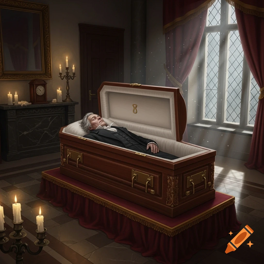 A deceased man in a suit lies in an open wooden coffin, surrounded by candlelight in a somber, gothic room with a large window.