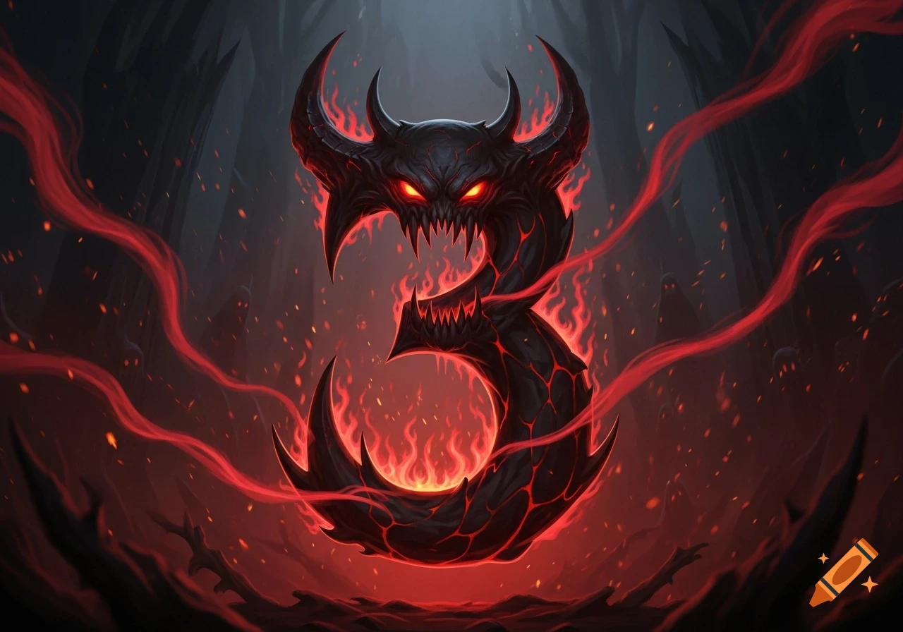 A dark, demonic number 3 with horns, glowing red eyes, sharp teeth, and fiery cracks, surrounded by flames and red smoke in a hellish setting.