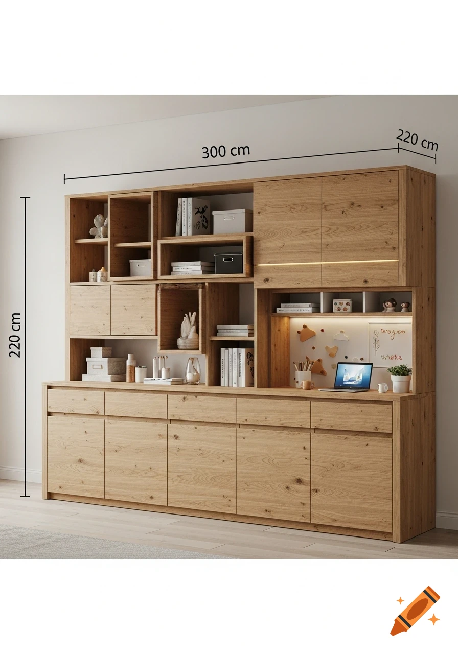 A modern wooden cabinet with multiple shelves, drawers, and an integrated desk area. Dimensions of 300 cm wide and 220 cm high are annotated.
