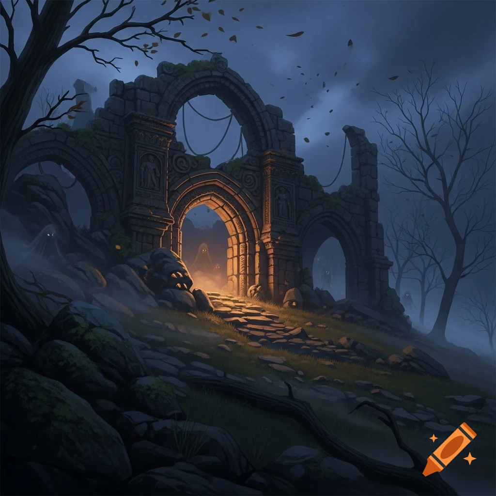 A gloomy twilight scene of crumbling stone ruins on a hillside with eerie glowing figures in archways and bare trees.