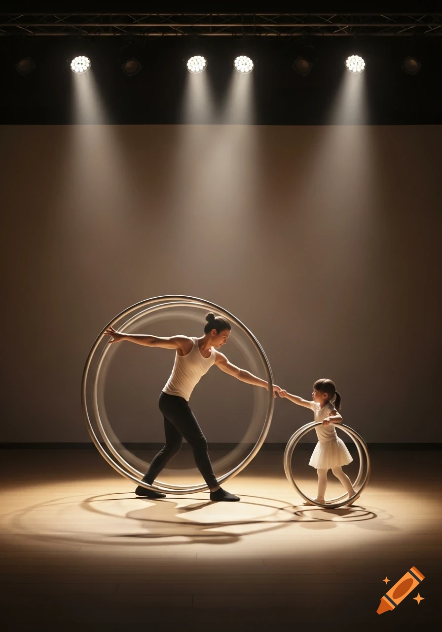 An adult and child perform with Cyr wheels on a stage, illuminated by bright spotlights, with motion blur on the wheels.