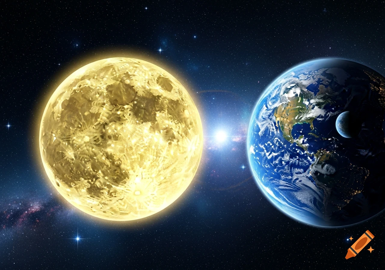 A glowing yellow celestial body next to Earth and its moon, against a backdrop of stars and nebulas in deep space.