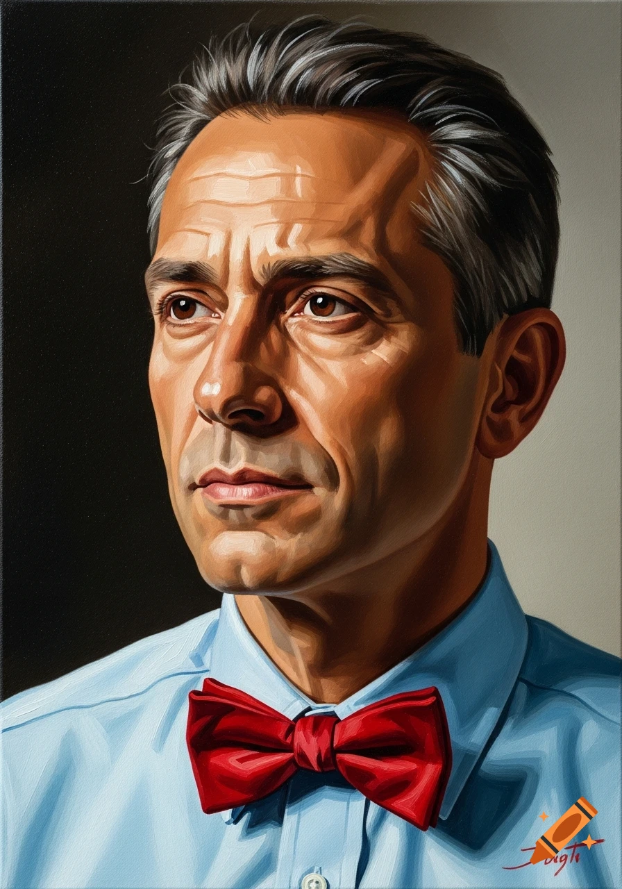 Oil painting portrait of a white man with graying hair, a light blue shirt, and a red bow tie, looking left.