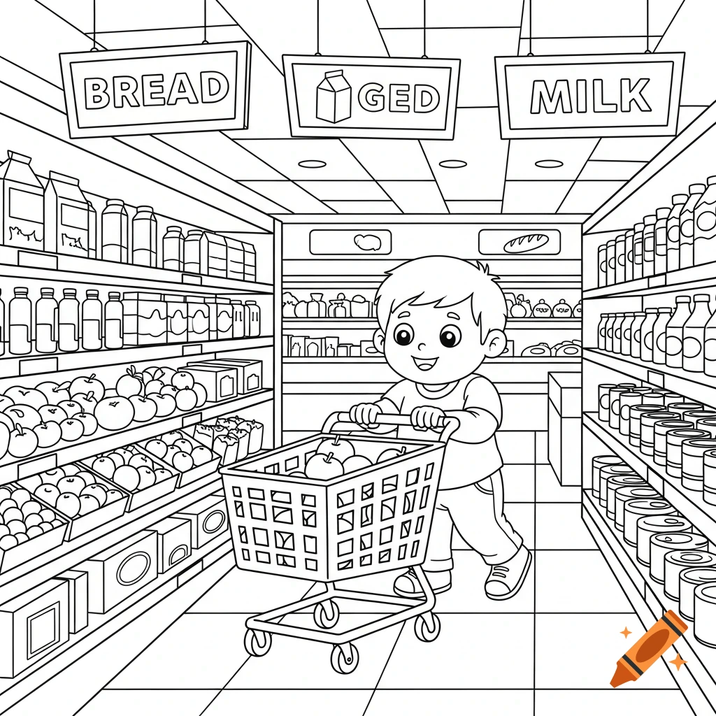 Line art coloring page of a happy boy pushing a shopping cart full of groceries down an aisle in a supermarket, with signs overhead for "BREAD," "GED," and "MILK."