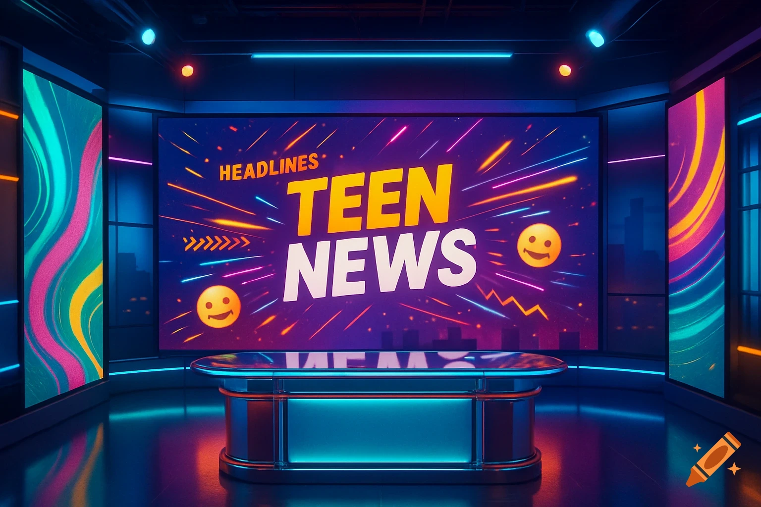 A vibrant neon-lit news studio background with a large screen displaying 'HEADLINES' and 'TEEN NEWS' with emojis, and a futuristic news desk.