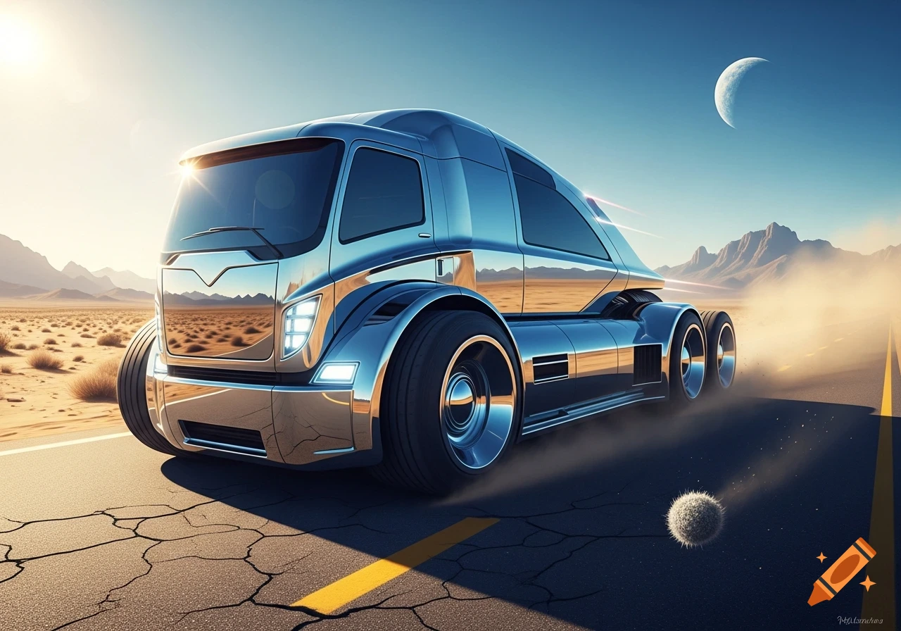 A shiny, futuristic chrome truck drives on a cracked desert road under a bright sky with a crescent moon.