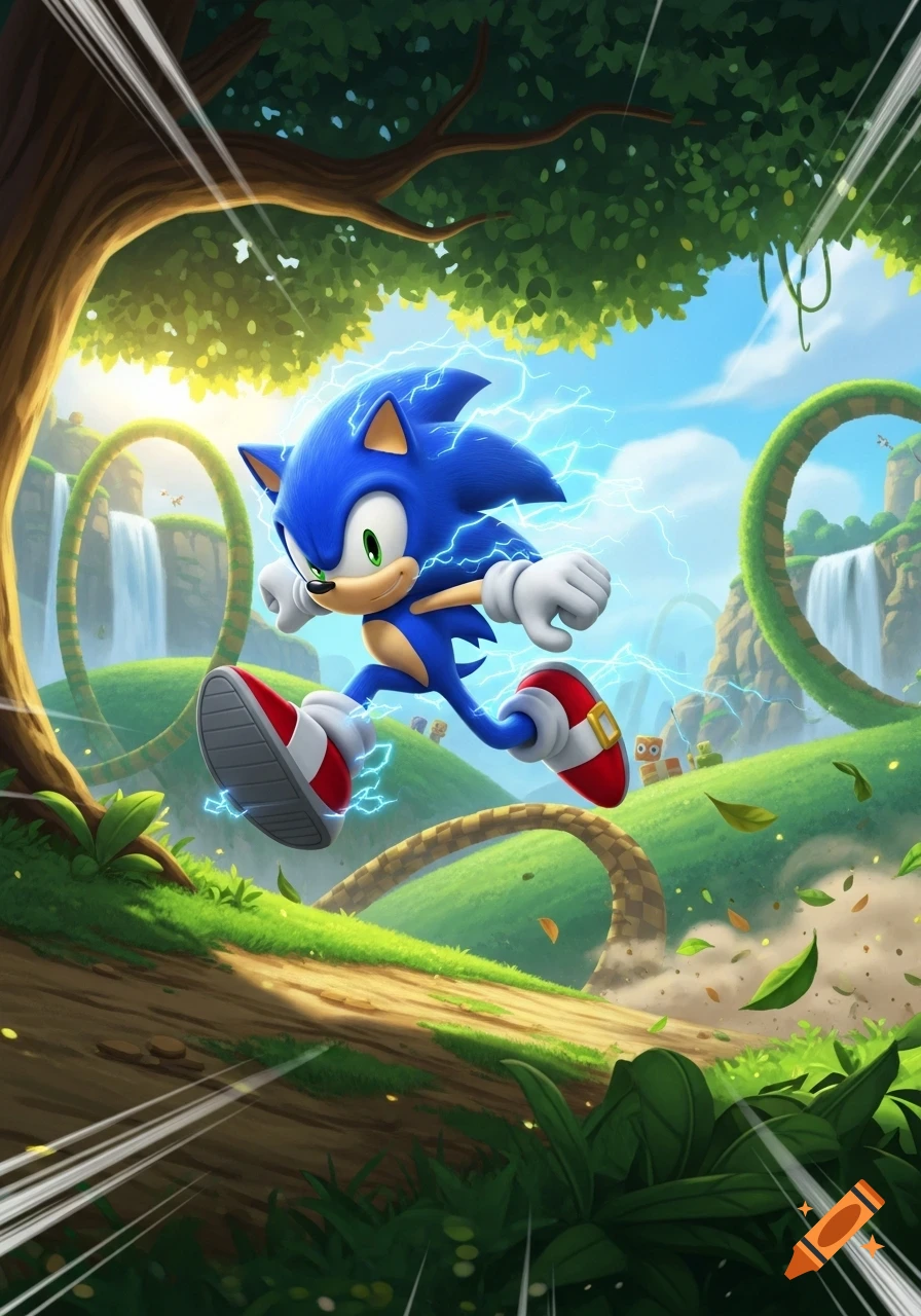 Sonic the Hedgehog speeds through a vibrant Green Hill Zone-like landscape with waterfalls and loops, surrounded by blue lightning.