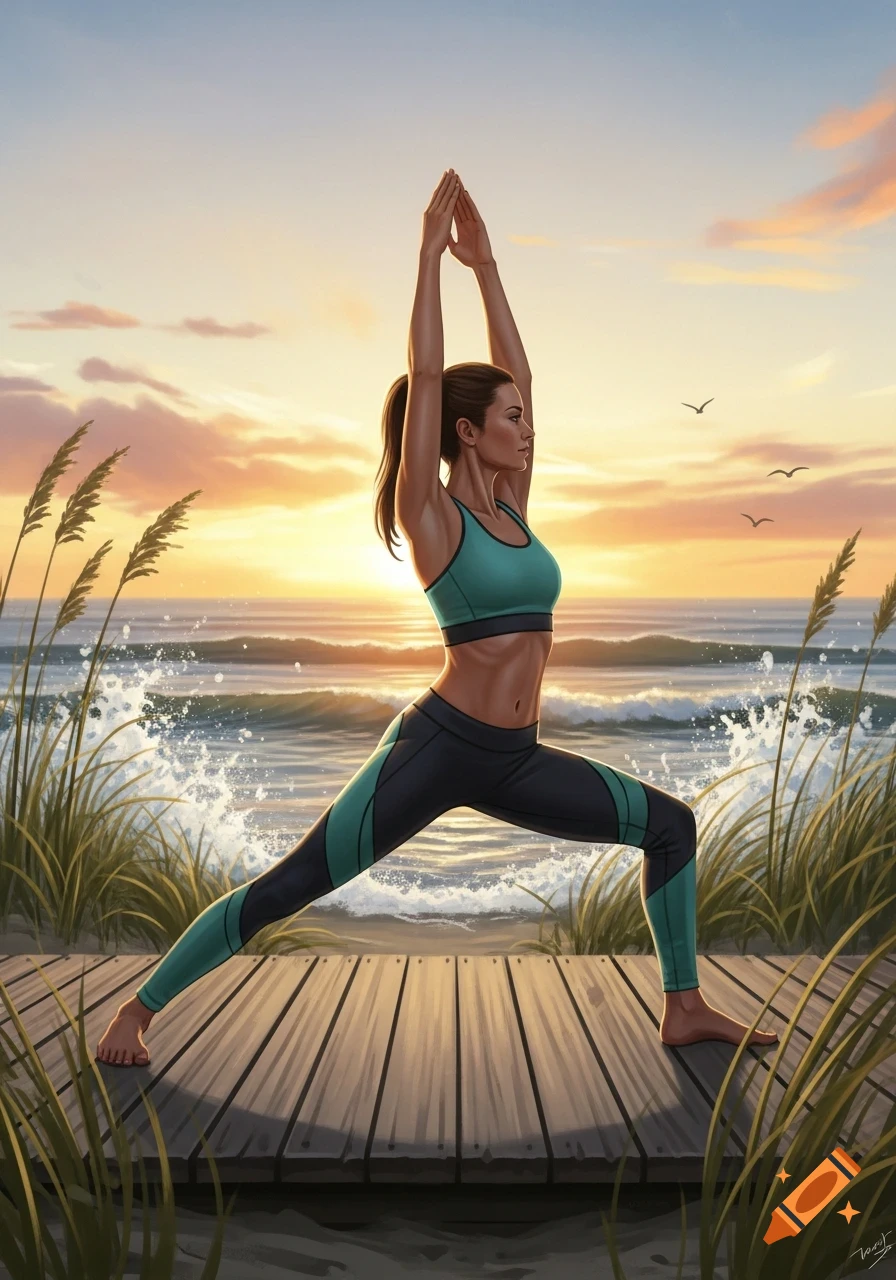 A fit woman in a teal sports bra and leggings does a yoga pose on a boardwalk at a beach during a beautiful sunset.