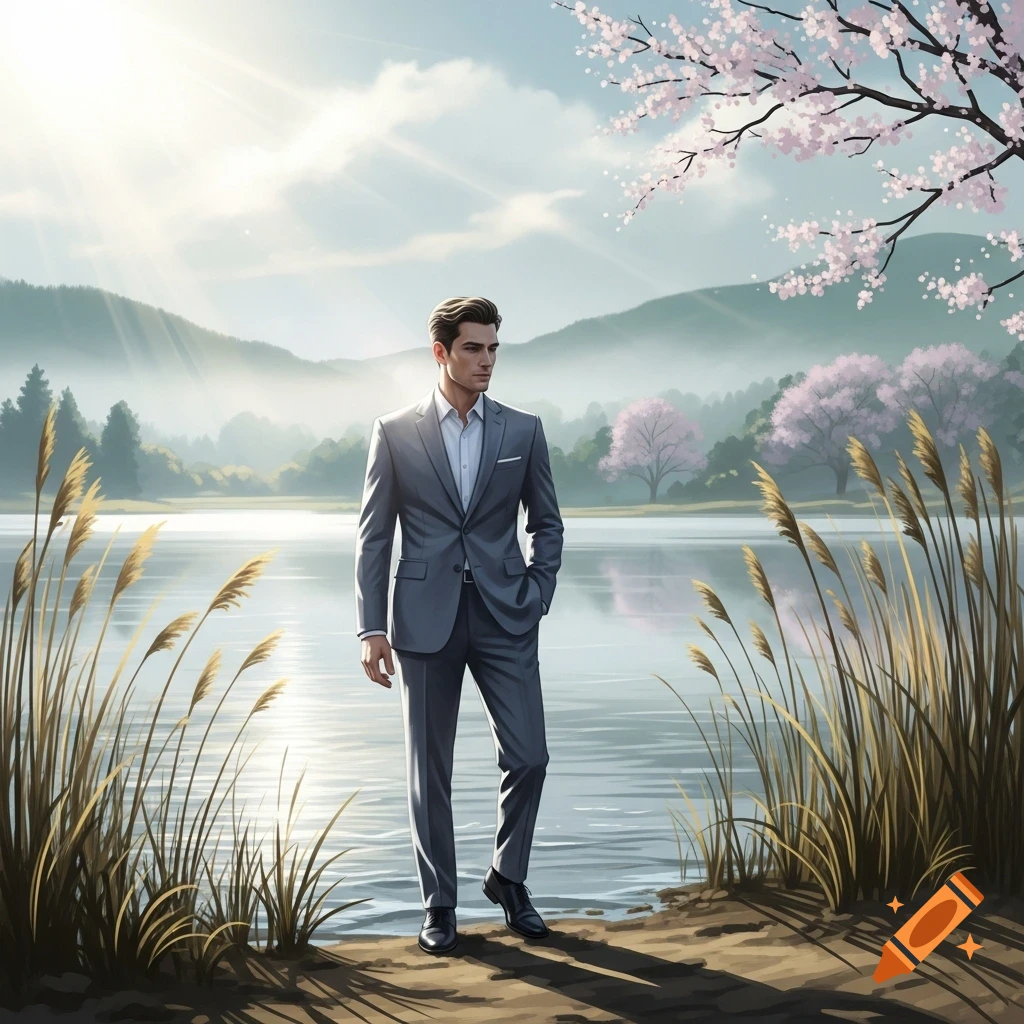 A man in a grey suit stands by a calm lake with reeds, cherry blossom trees, and misty mountains under a bright sky in an illustrated style.