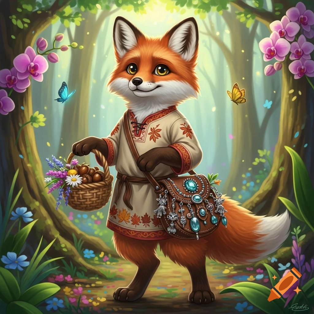 A cute, humanized fox wearing a tunic, carrying a basket of flowers and acorns and an ornate satchel, stands in a vibrant fantasy forest.