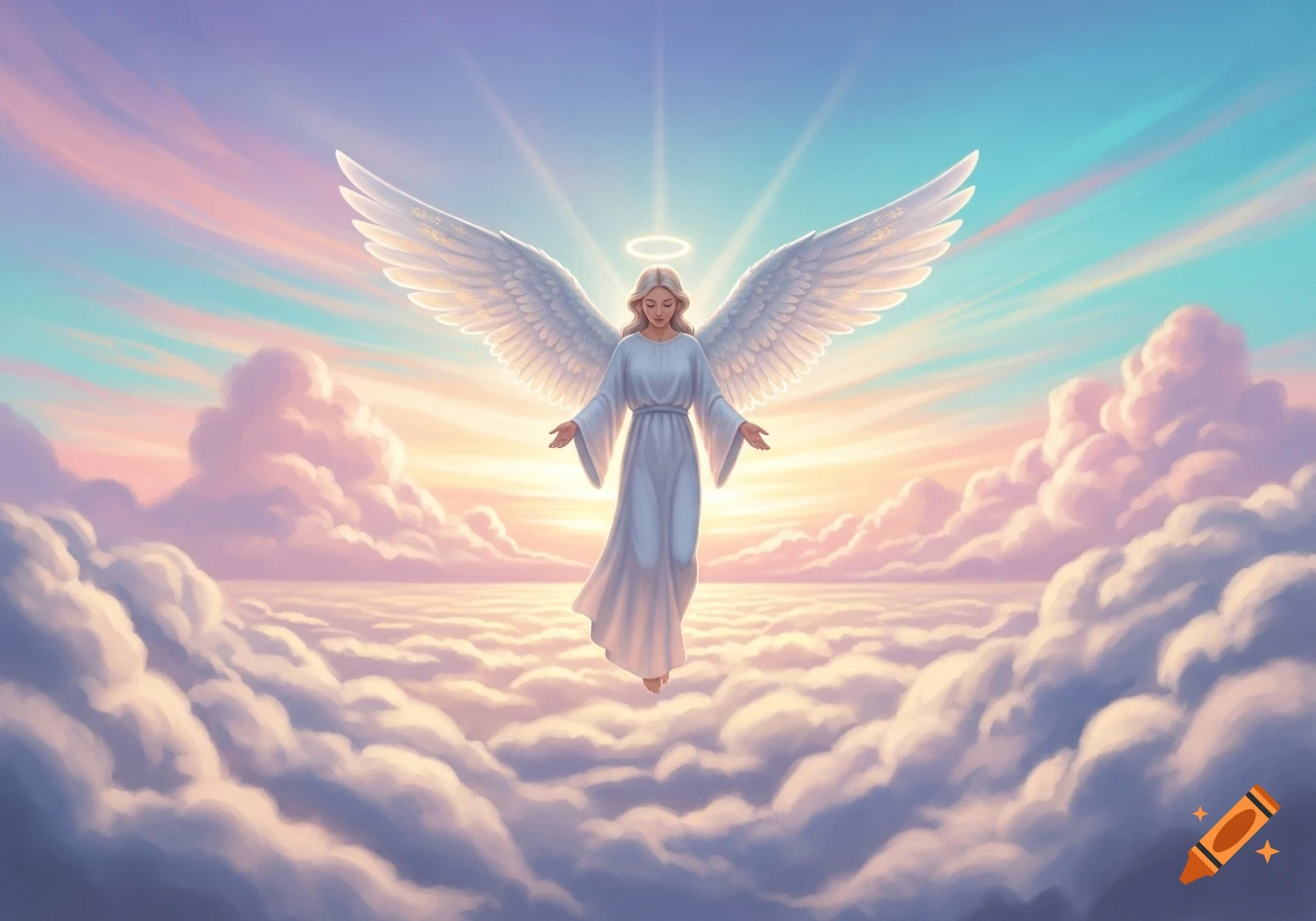 A serene angel with large white wings and a halo floats above fluffy clouds in a pastel sky.