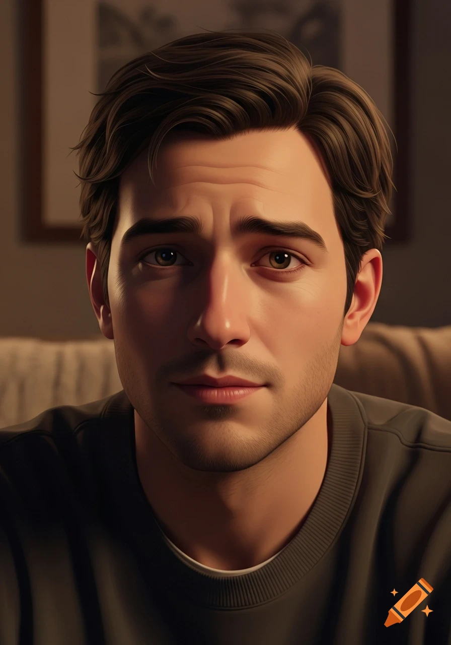 Close-up cinematic portrait of a thoughtful young man with brown hair and a subtle smile, rendered as an AI avatar with warm lighting.