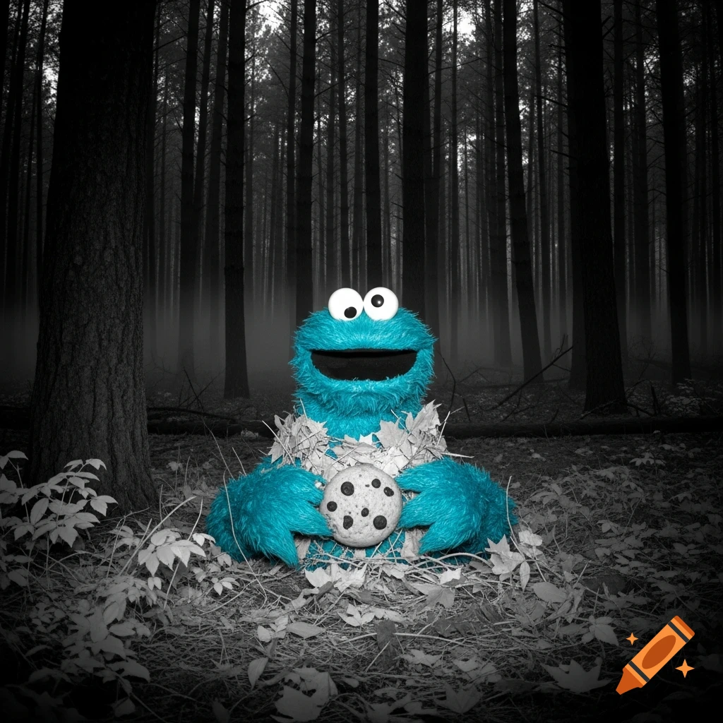 Photorealistic, grainy image of Cookie Monster holding a cookie in a creepy, dark forest with selective color.