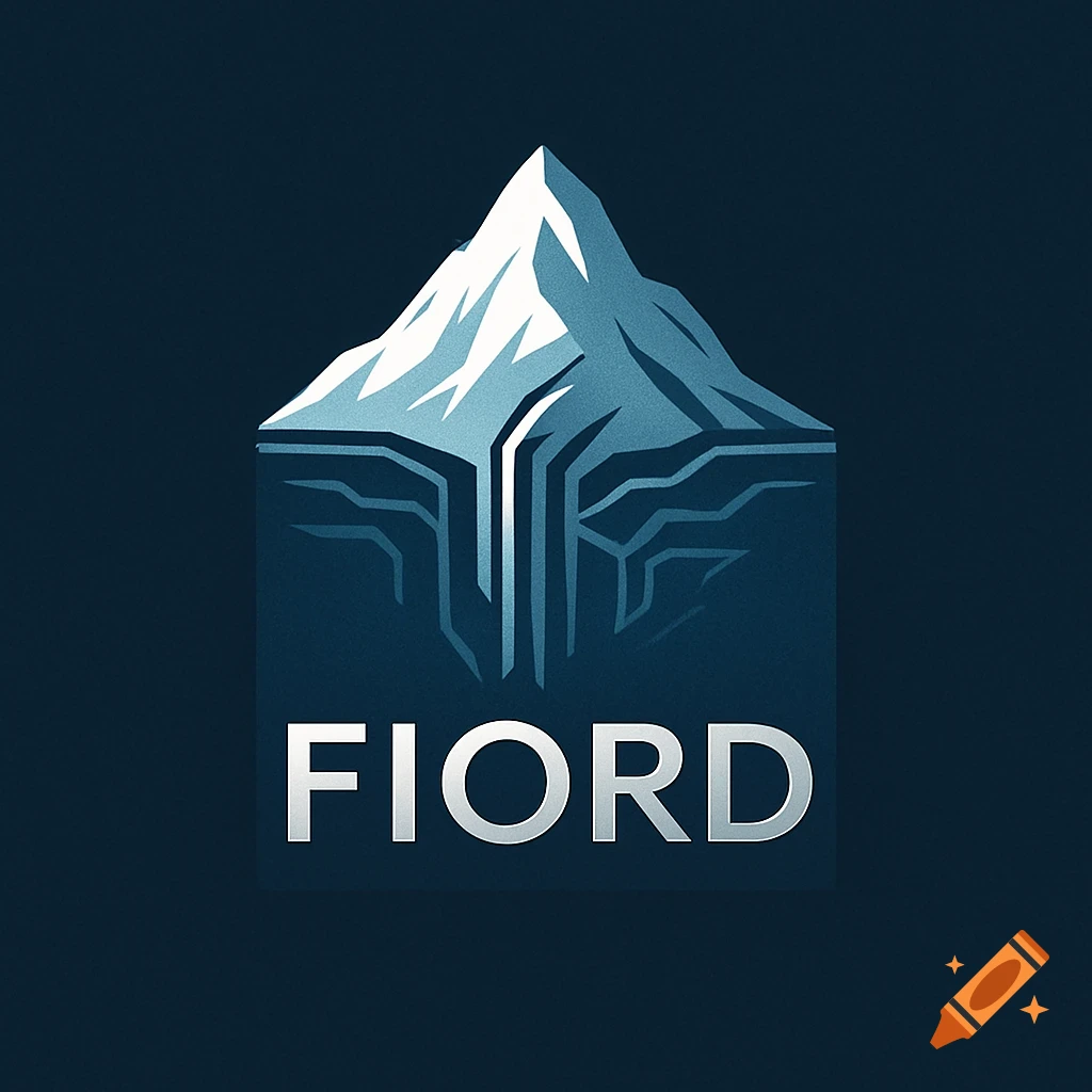 Minimalist logo with a stylized white and blue mountain/iceberg above the word FIORD on a dark blue background.