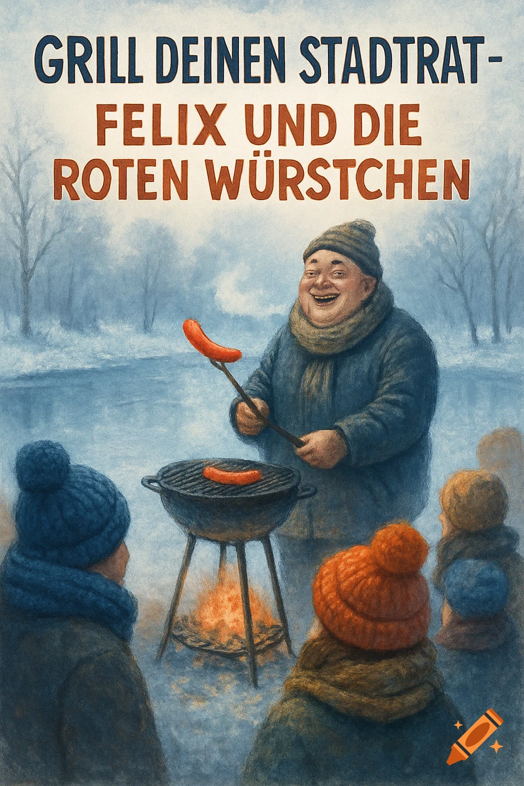 Illustration of a man grilling red sausages outdoors in a snowy winter scene, with two children watching.