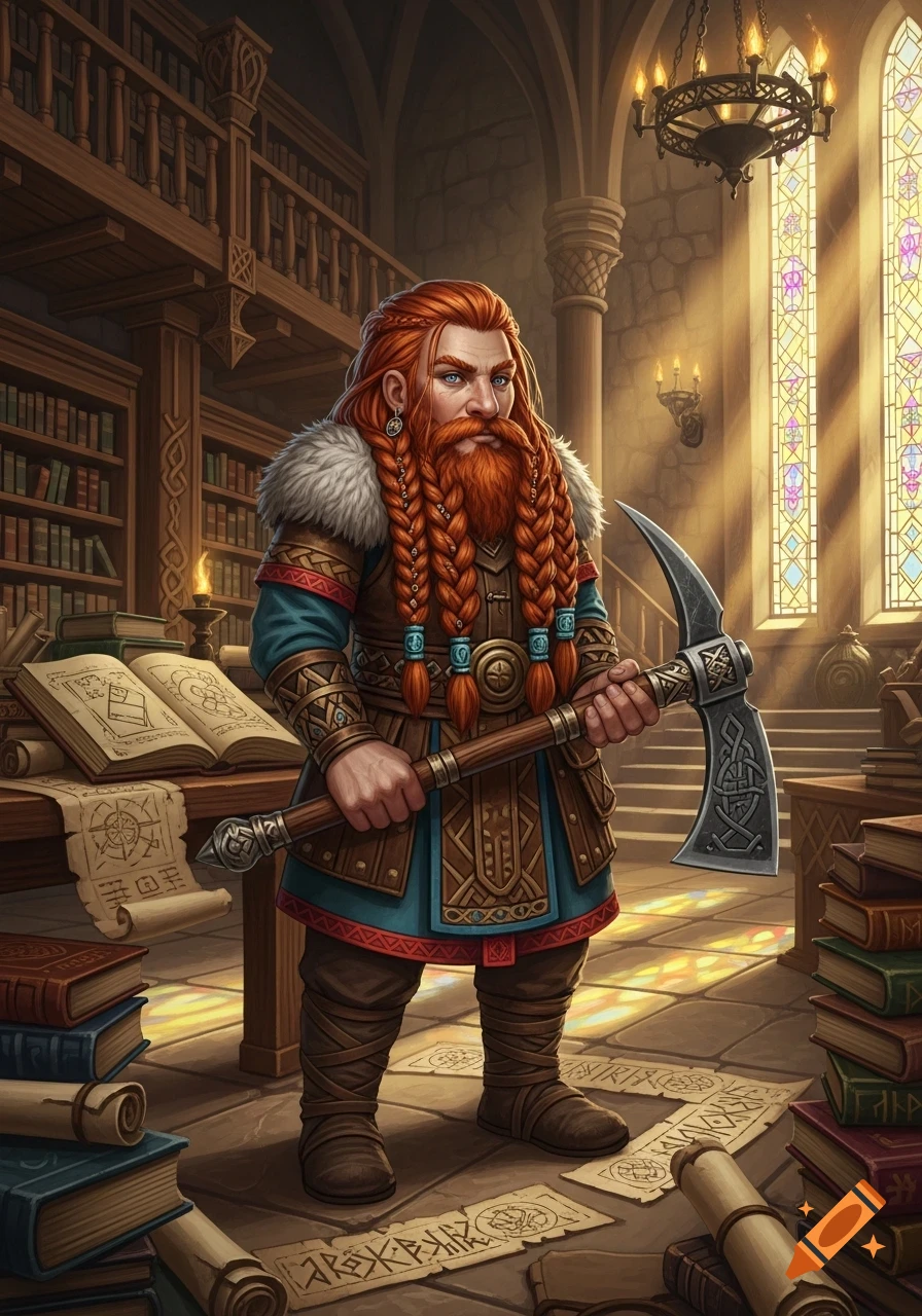 A red-haired dwarf with a long braided beard holds a mattock in a grand library filled with books and scrolls, light streaming through stained glass.