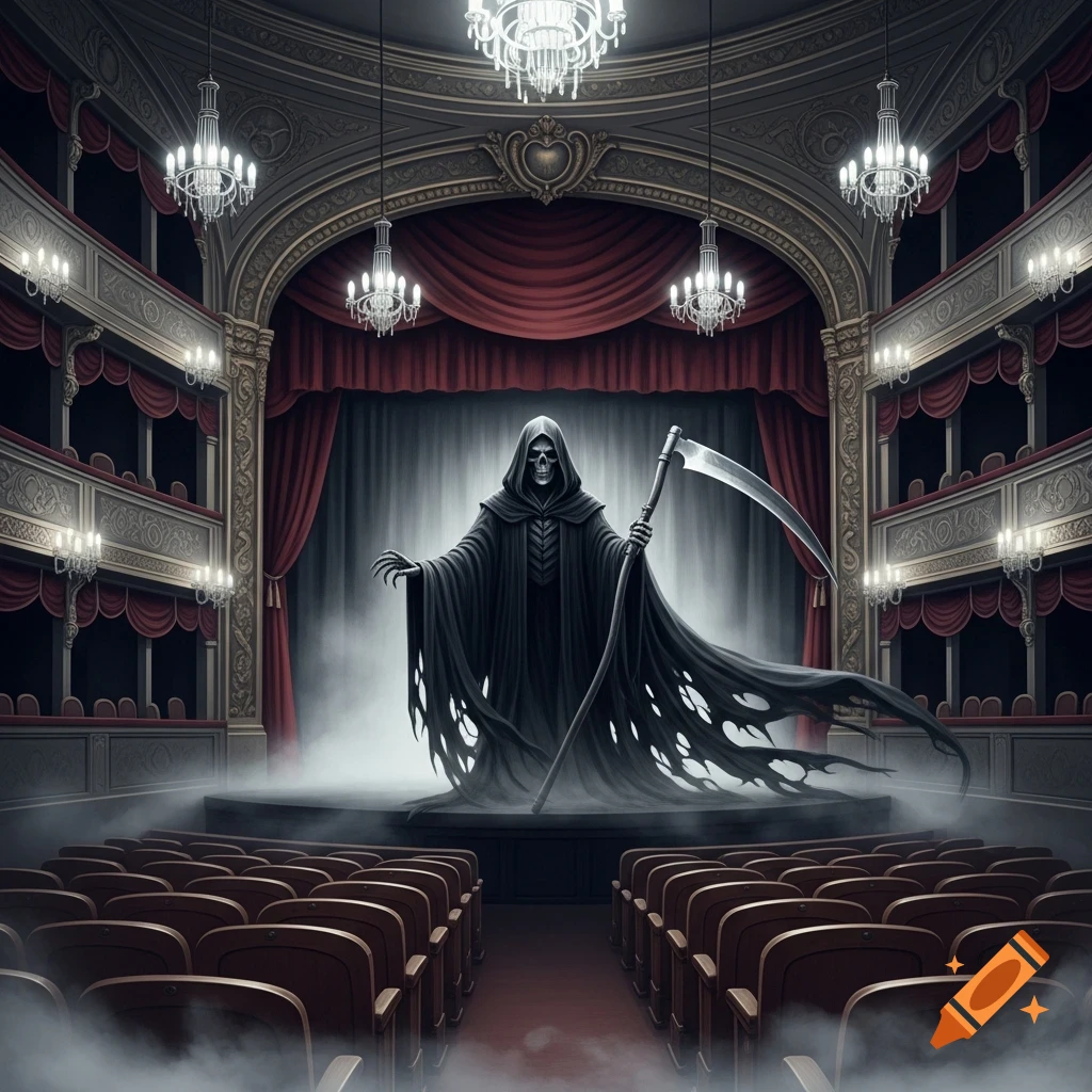 The Grim Reaper with a scythe stands on a smoky stage in a grand, empty 19th-century theater with chandeliers and opera boxes.
