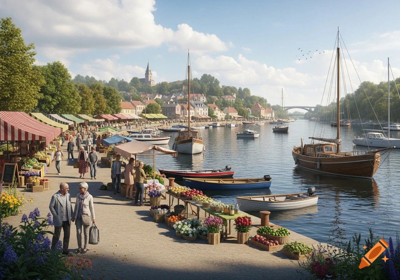 A photorealistic image of a vibrant waterfront market with people, stalls, and boats, in a charming town.