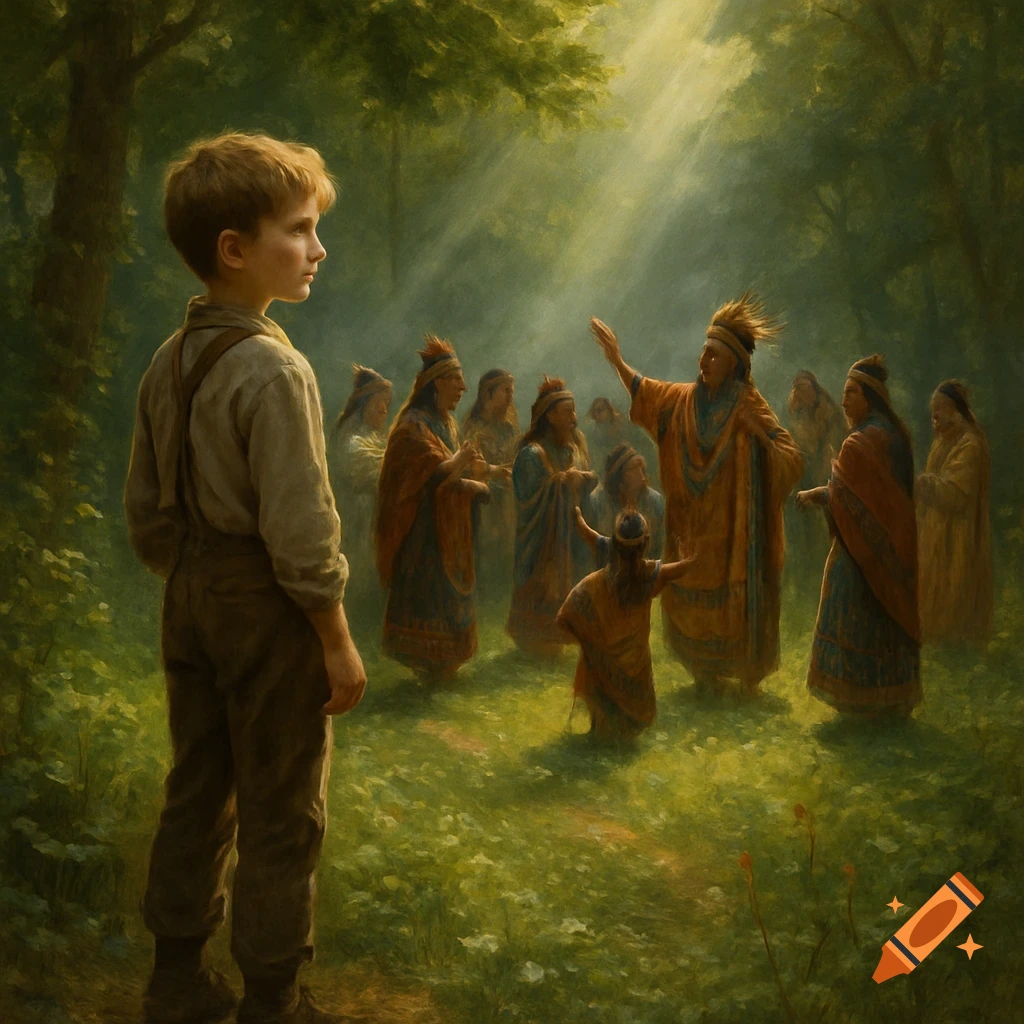 A painting of a young boy observing a group of indigenous people gathered in a sunlit forest clearing.