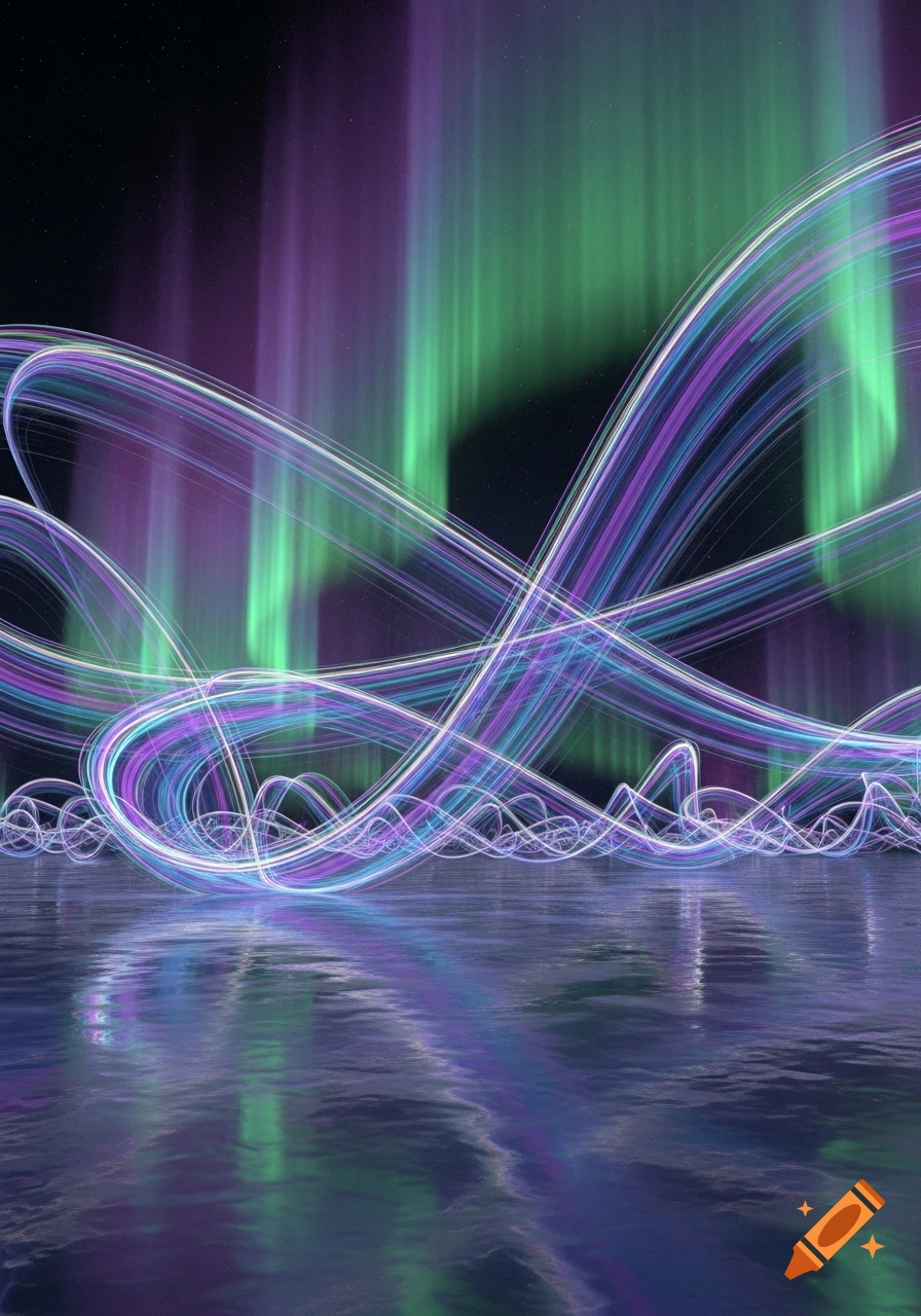 Abstract image featuring bright purple and green aurora borealis illuminating a dark sky with intertwining, glowing light trails reflecting on a rippled water surface.
