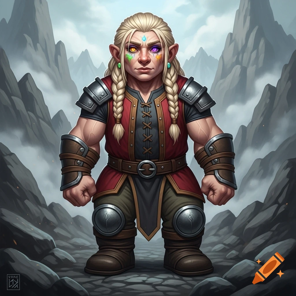 A buff female dwarf with blonde braided hair, multicolored eyes, and red and black leather armor stands on a rocky mountain path.