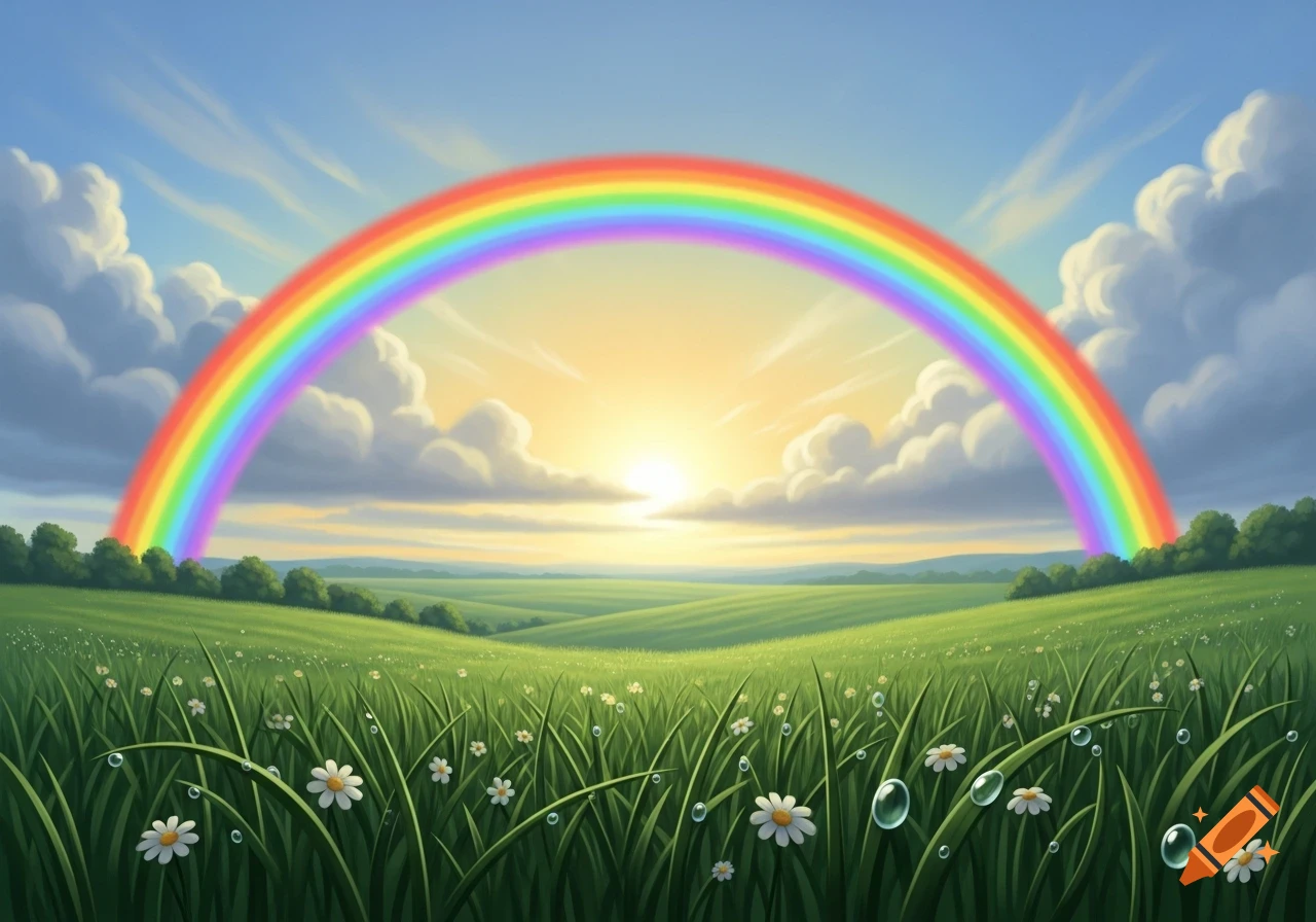 A vibrant rainbow arches over a lush green field filled with white daisies and dewdrops under a sunny sky with clouds.